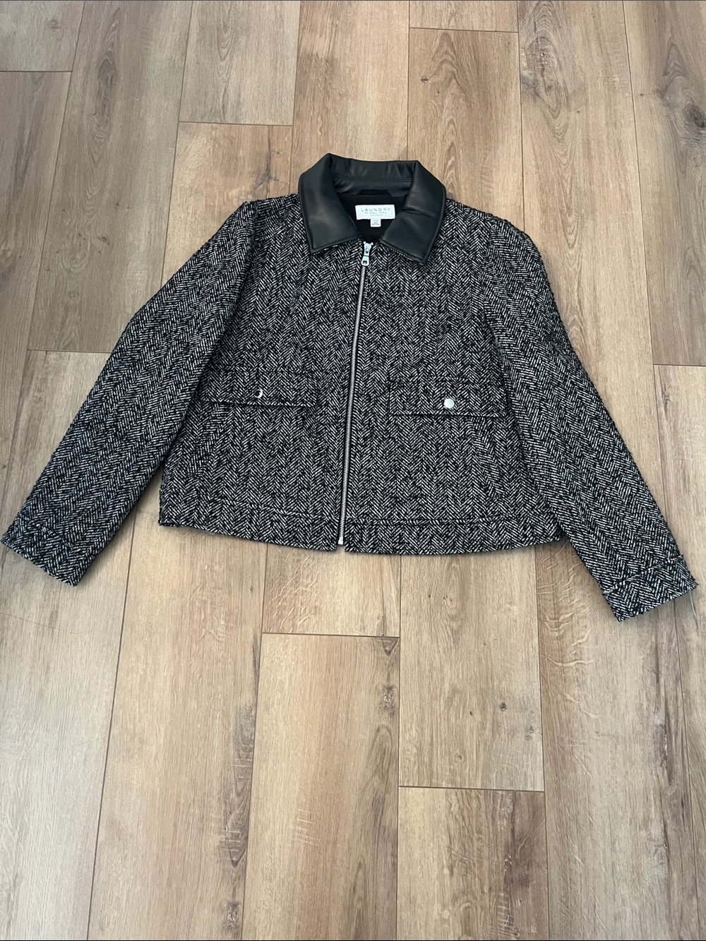 Laundry By Shelli Segal Black and Gray Tweed Zip Jacket with Faux-Leather Collar
